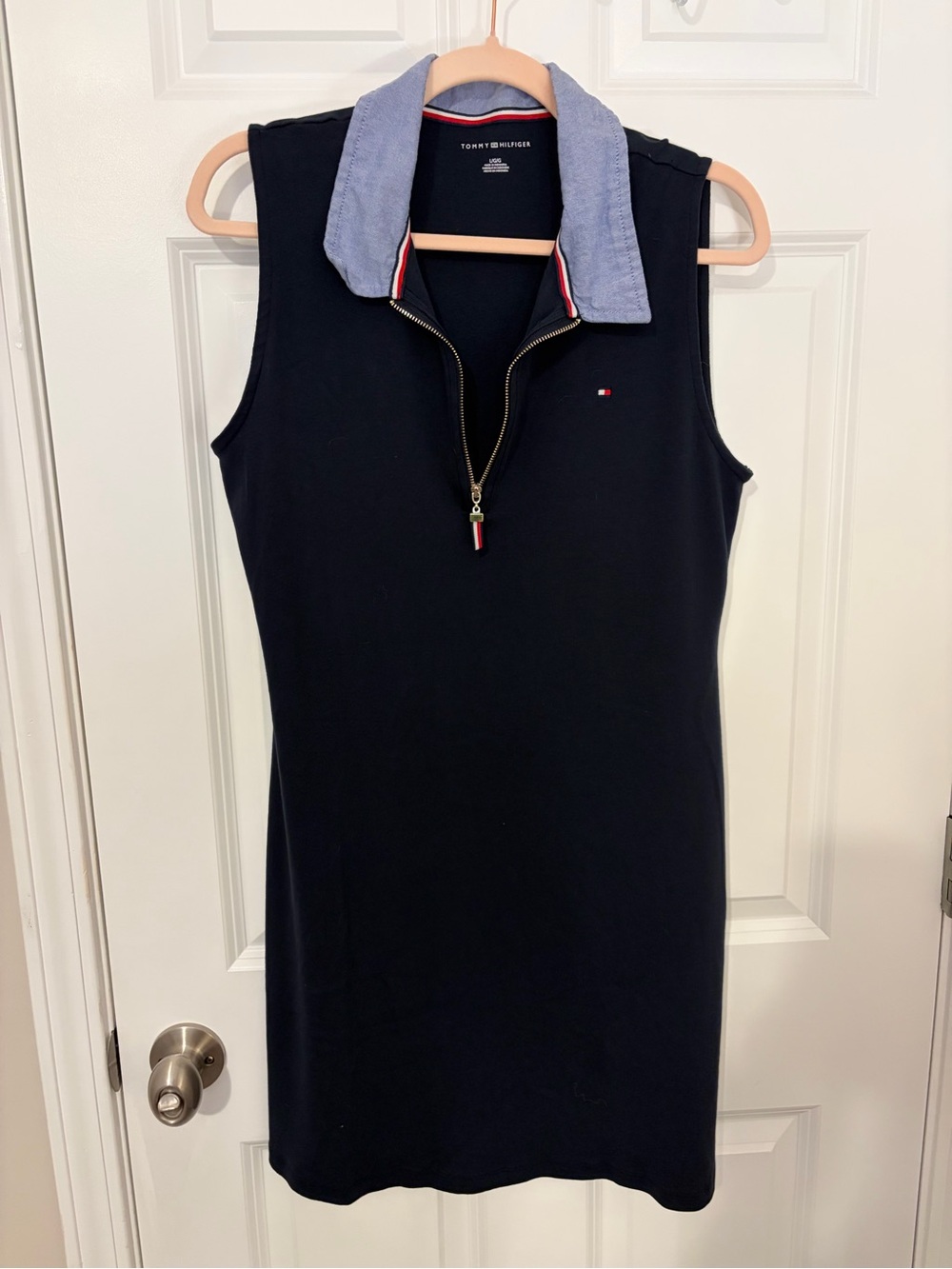 Tommy Hilfiger Navy Sleeveless Polo Zip Dress with Light Blue Collar Size Large